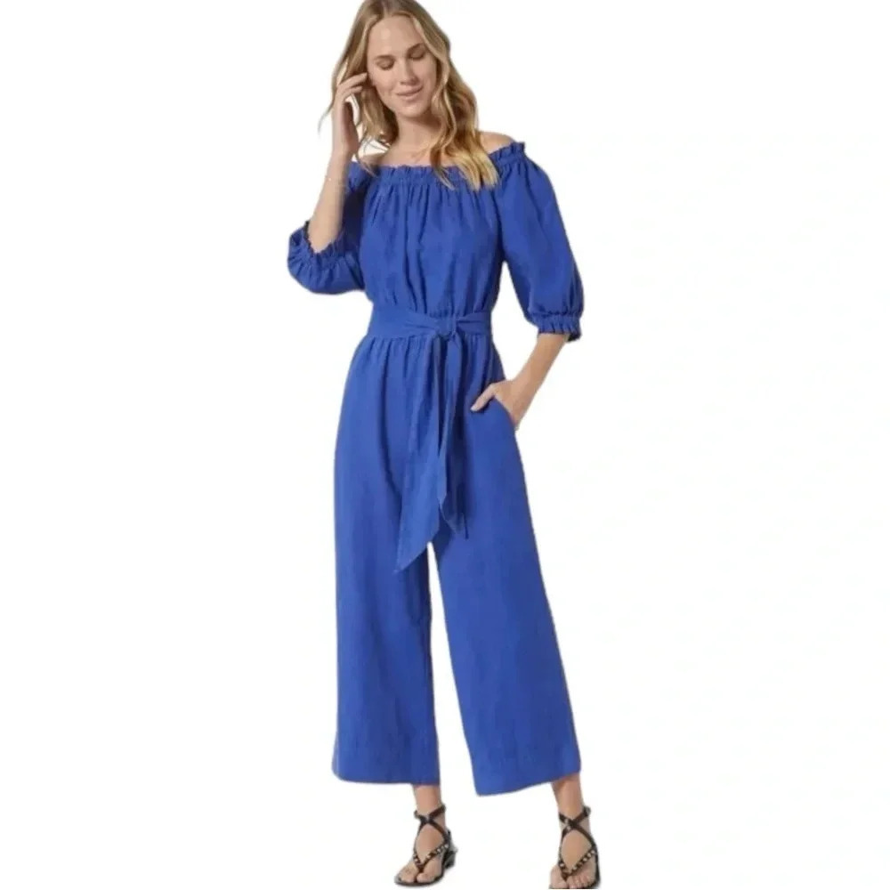 JOIE Josepha cropped linen wide-leg jumpsuit Clematis Blue M - Picture 2 of 12